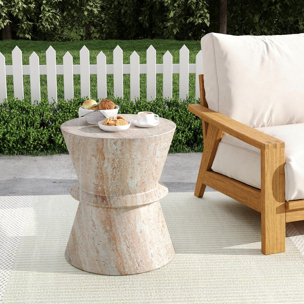 Outdoor Lightweight Concrete Side Table 15.5" Dx18 H Hourglass round Indoor Accent Table Weather Resistant End Table for Patio, No Assembly Required, Travertine Finish, Beige