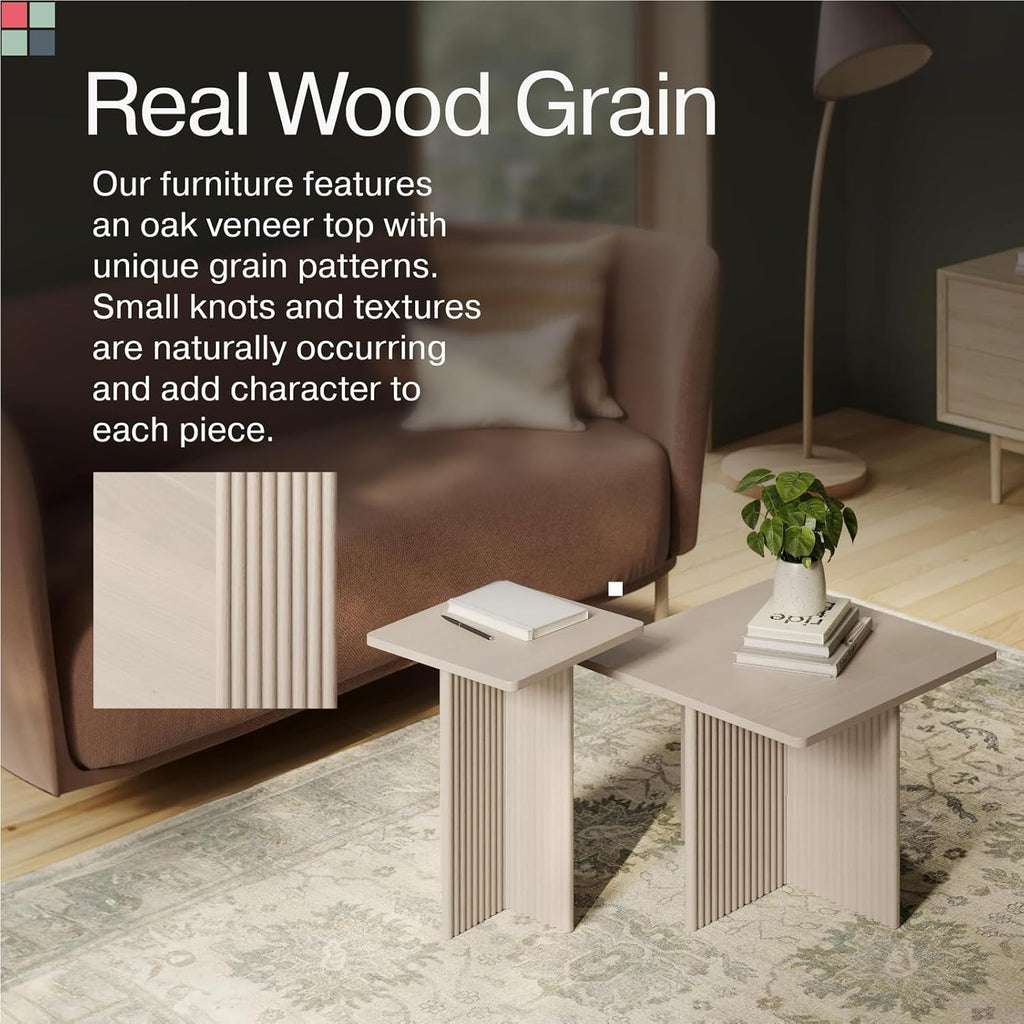 Square Nesting Coffee Table Set - Fluted Oak Base Center Table for Living Room - Wood Grain Veneer Top Living Room Ensemble Set - Easy Assembly Nesting Duo - Weathered White, 2-Piece