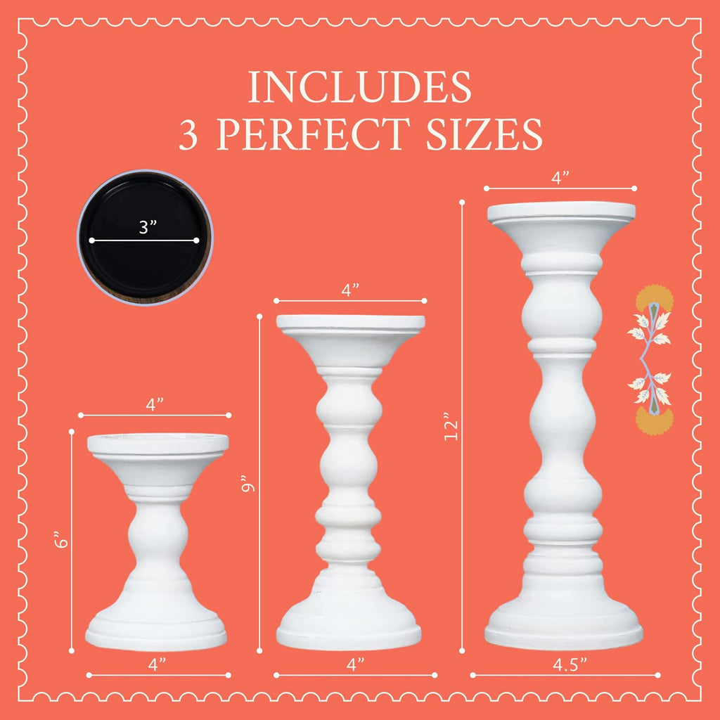 Willow Mango Wood Candle Holders - Matte White, Set of 3 | 6", 9" and 12" Hand-Carved Candle Holders for Table, Mantel and Living Room Décor Featuring Detailed Artisan Styling.