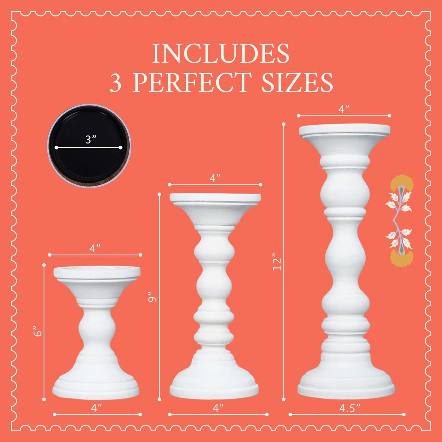Willow Mango Wood Candle Holders - Matte White, Set of 3 | 6", 9" and 12" Hand-Carved Candle Holders for Table, Mantel and Living Room Décor Featuring Detailed Artisan Styling.