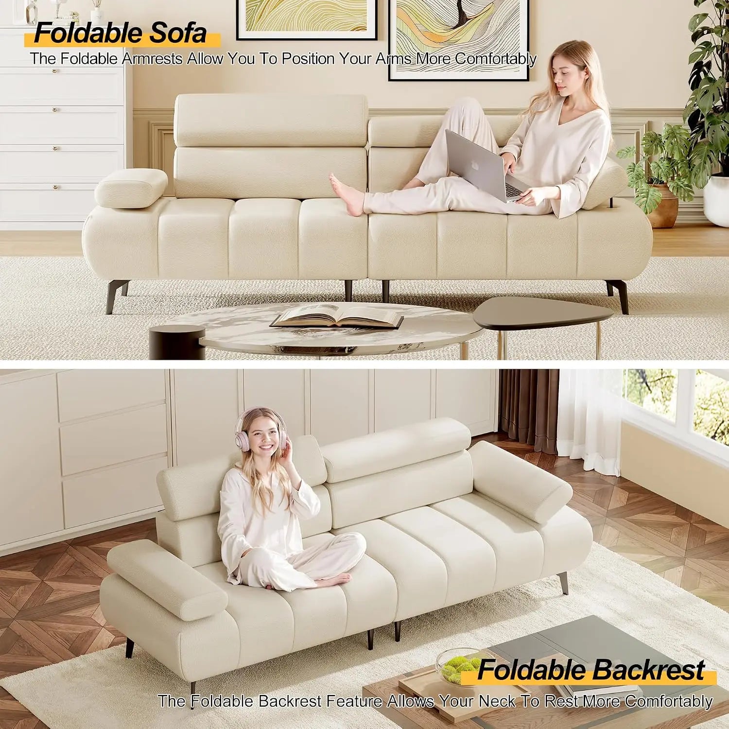 3 Seater Sofa Bed, Convertible Futon Sleeper Sofa with Reclining Faux Leather Couch, Split Modular Design, Adjustable Armrests & Headrests