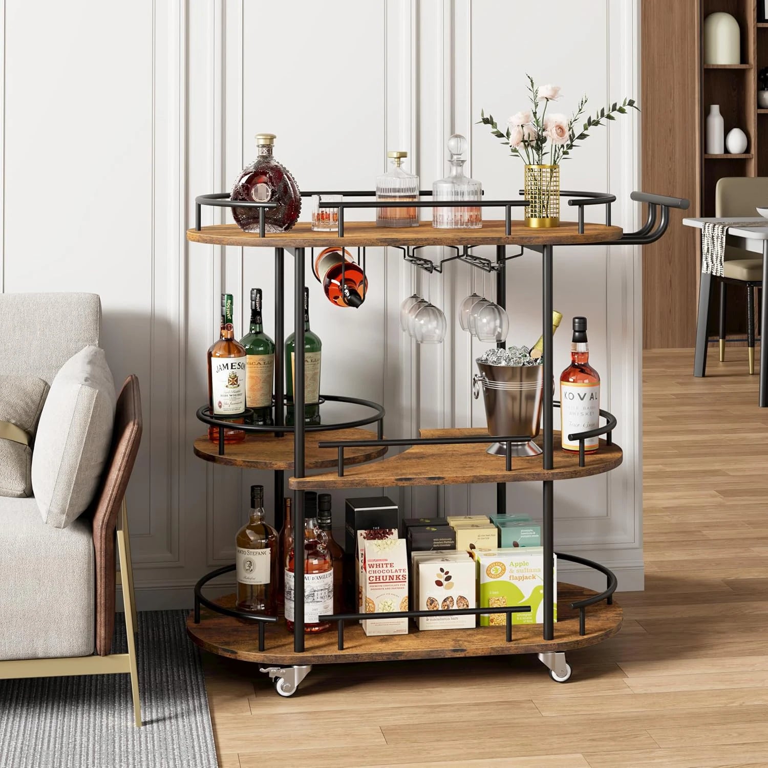 Gold Bar Cart 3 Tier Bar Carts for the Home Rotated Bar Cart Gold with Wine Rack and Glass Holder, Bar Serving Cart with Wheel