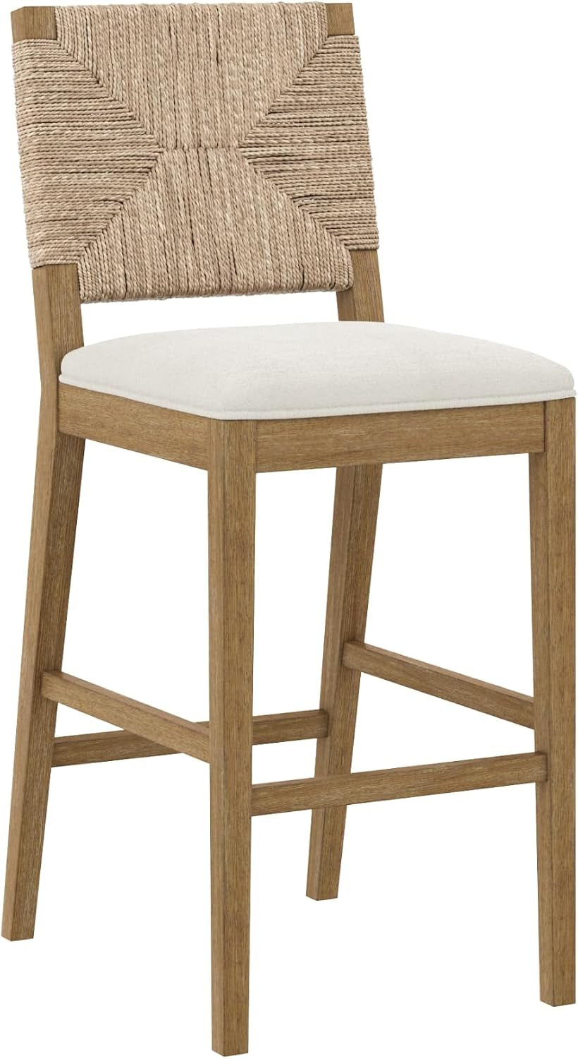 Nathan James Beacon Bohemian Boucle Bar Stool with Back, Bar Height Kitchen Island Chair, Seagrass Bar Stool, Cream Boucle/Brushed Light Brown