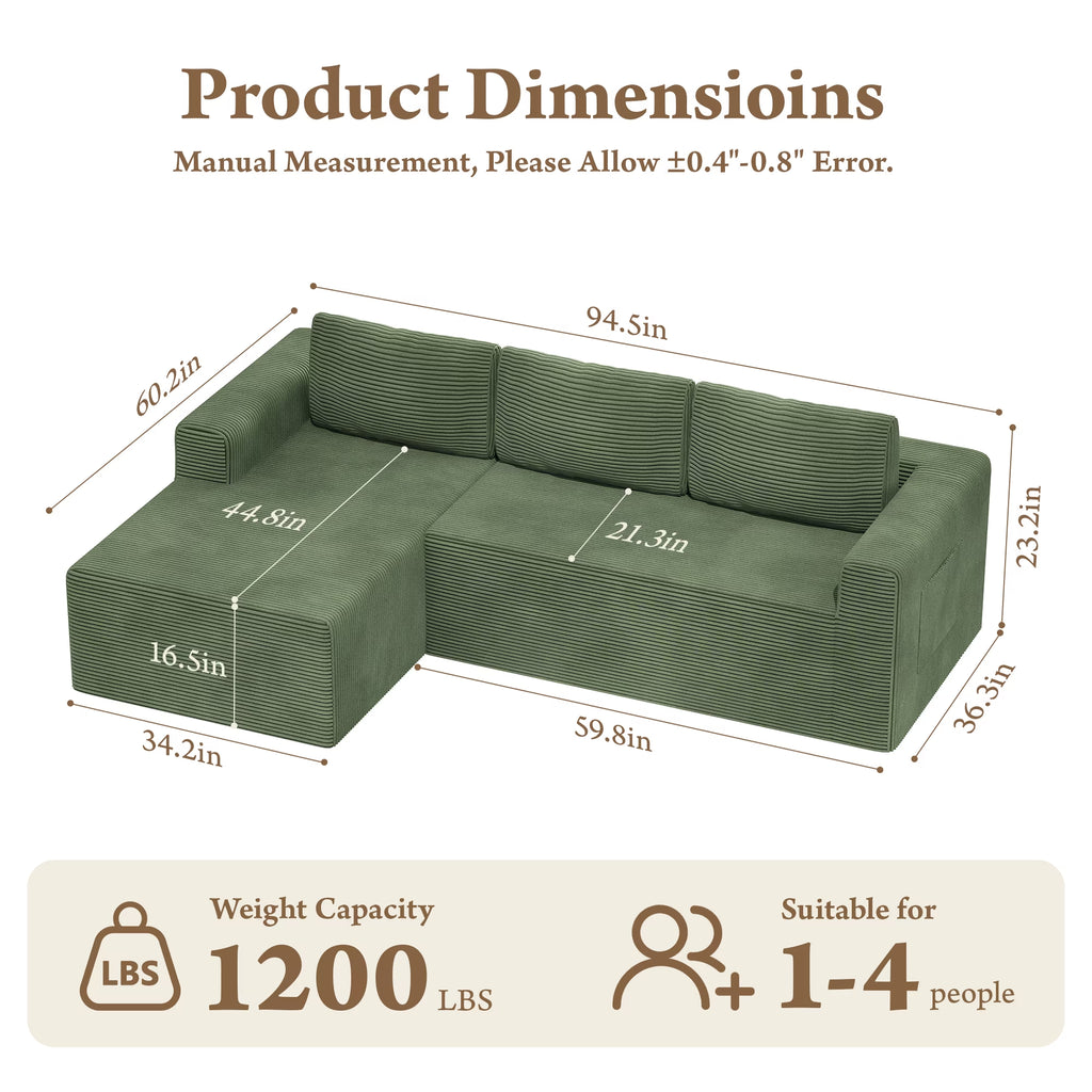 Modular Sectional Sofa Couches L-Shape Couch 3 Seat Modular Sofa Memory Foam Sectional Couches for Living Room, Cloud Couch with Oversized Chaise (Green Stripe, 94.5" Left Facing Chaise)