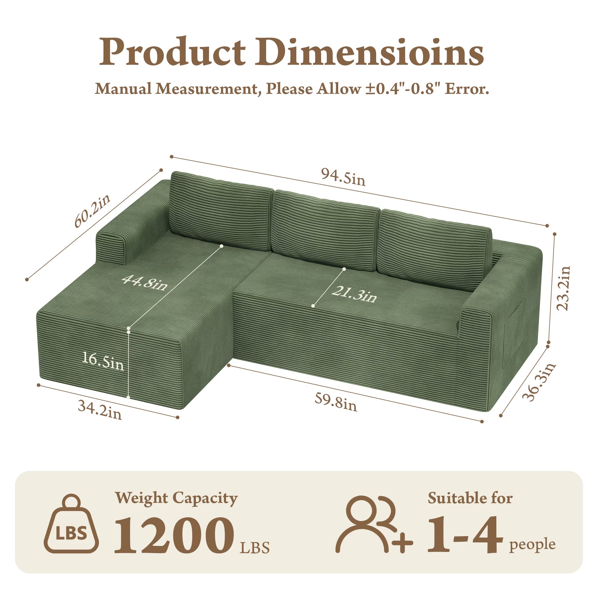 Modular Sectional Sofa Couches L-Shape Couch 3 Seat Modular Sofa Memory Foam Sectional Couches for Living Room, Cloud Couch with Oversized Chaise (Green Stripe, 94.5" Left Facing Chaise)