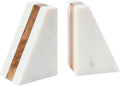 Marble Geometric Bookends with Wood Inlay, White
