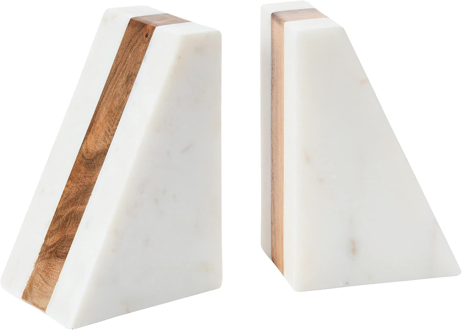Marble Geometric Bookends with Wood Inlay, White