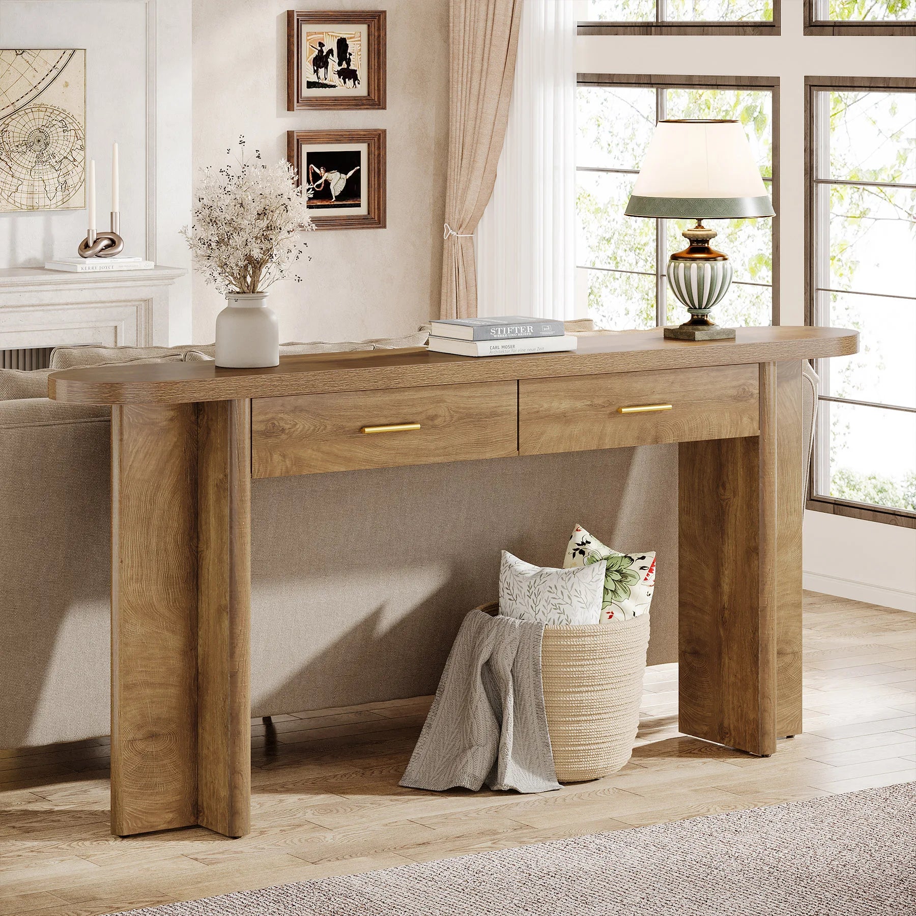 63-Inch Console Table with 2 Drawers, Farmhouse Oval Curved Entryway Table with Storage for Living Room, Hallway, Entrance, Brown