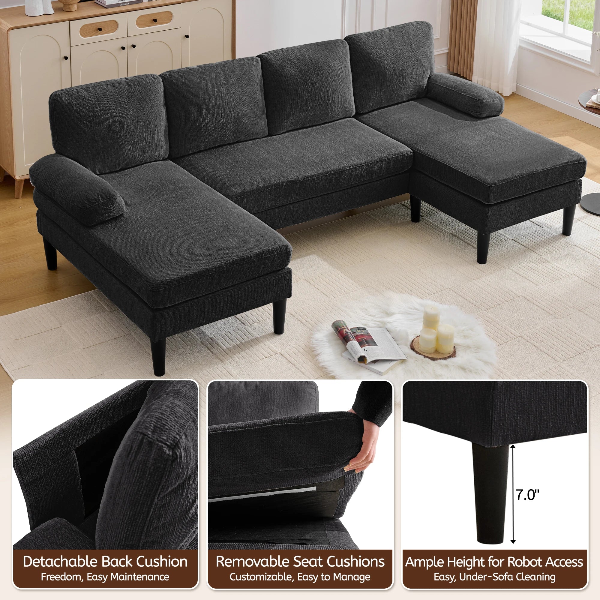 U-Shaped Sectional Sofa 4 Seater Lounge Sleeper with Removable Cushions Upholstered Couches for Living Room