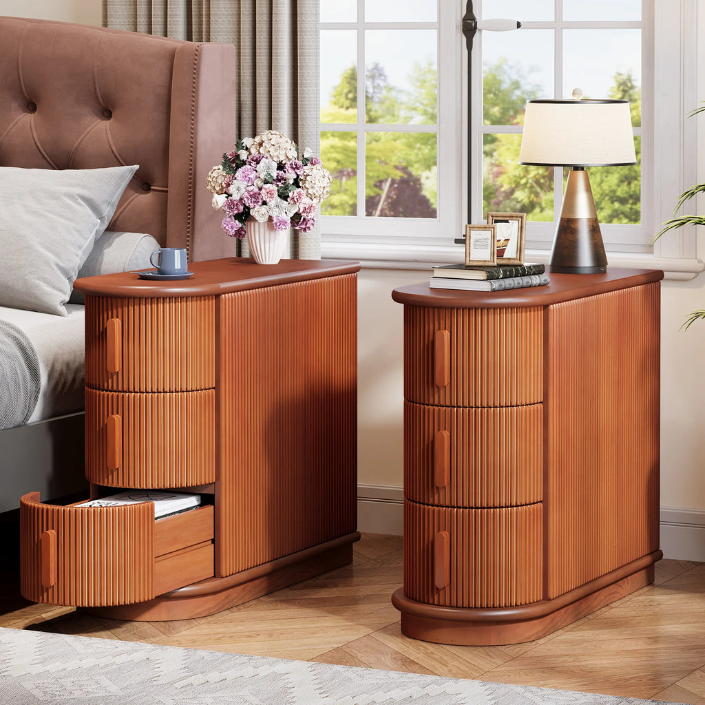 Solid Wood End Table, 3-Drawer Modern Sofa Side Table, No Assembly Required, Narrow Chair Side Table Slim Nightstand
