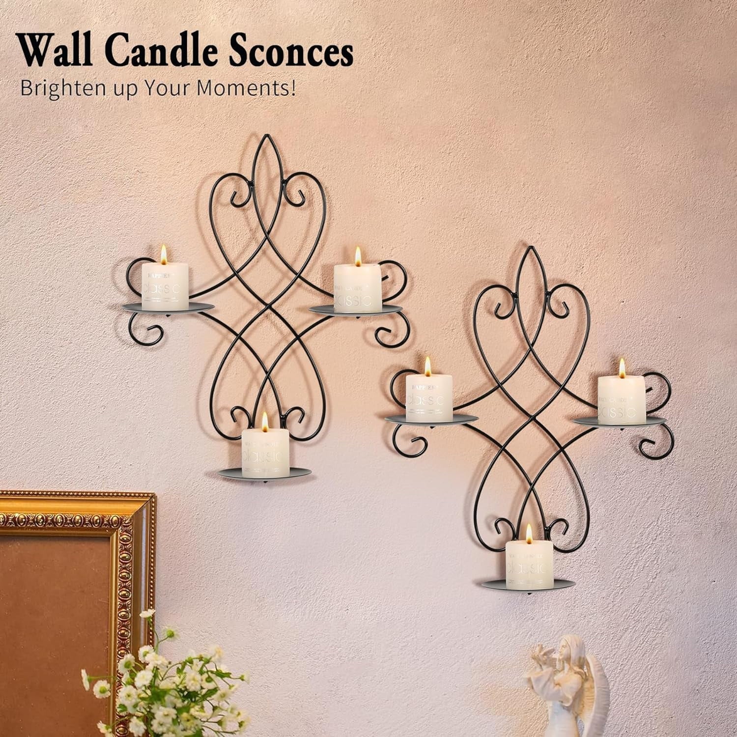 Wall Candle Sconce Holder Set of 2, Metal Wall Candle Holder Wall Decor, Hanging Wall Mounted Candle Stick Holder for Living Room Bedroom Dining Room Decorations