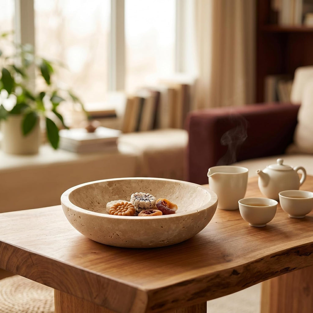 7.87" Natural Travertine Stone Decorative Bowl,Beige, Limestone | Marble Bowl (Decorative Bowl) Functions as Fruit Bowl & Key Bowl; Smooth Beige Finish; for Coffee Table & Kitchen Counter