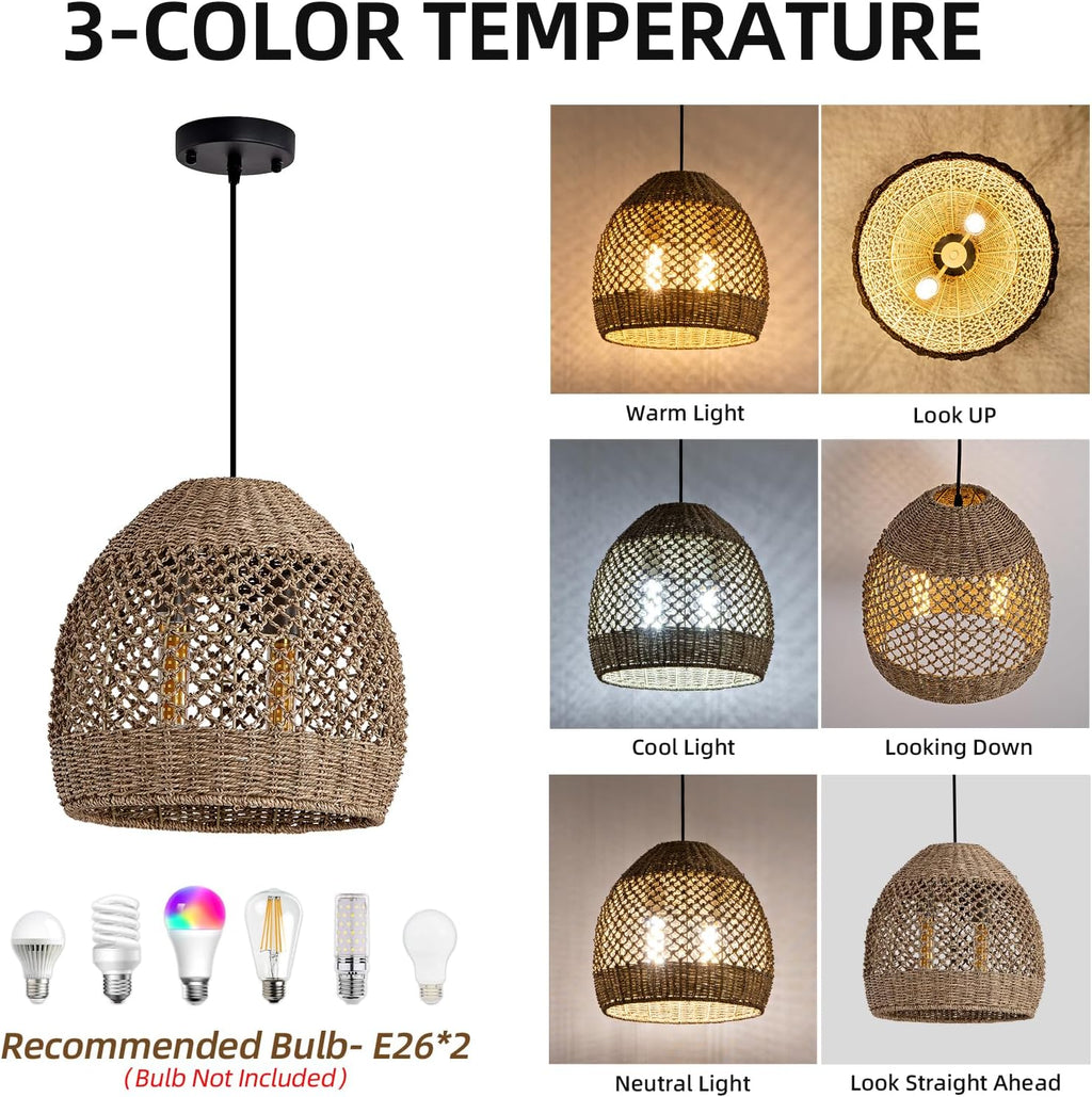2-Light Rattan Pendant Light Boho Wicker Chandelier | 13.78" Handwoven Bamboo Lights Fixture ,Seagrass Ratan Hanging Lamp for Dining Kitchen Island Living Room Bedroom