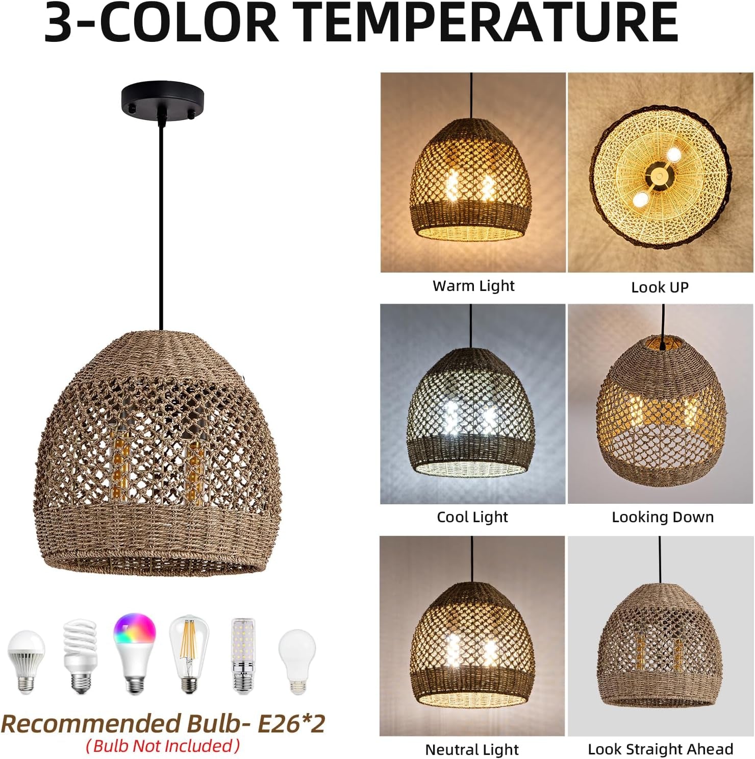 2-Light Rattan Pendant Light Boho Wicker Chandelier | 13.78" Handwoven Bamboo Lights Fixture ,Seagrass Ratan Hanging Lamp for Dining Kitchen Island Living Room Bedroom