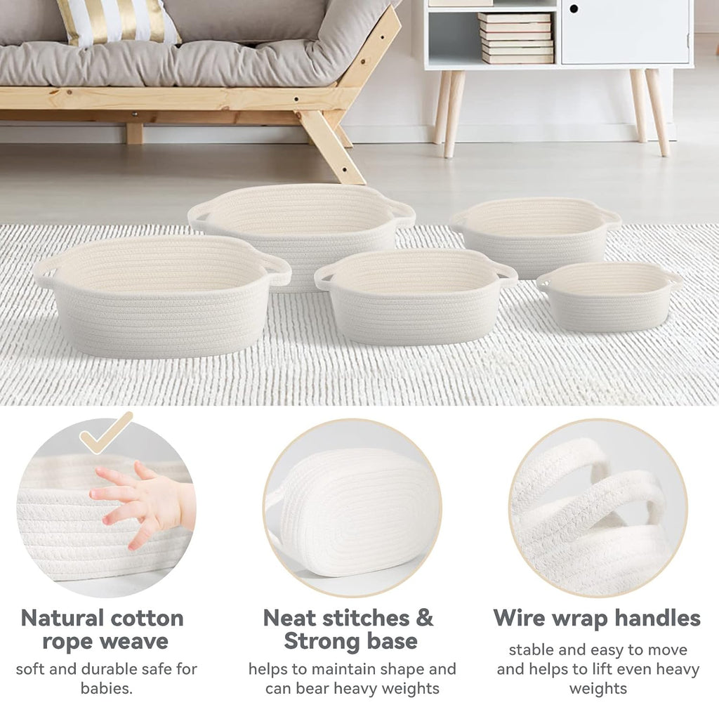 Set of 5 Rectangular Cotton Rope Baskets for Storage, Organizing, Decorating, off White