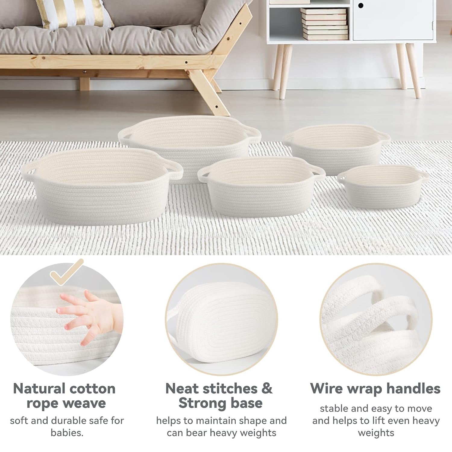 Set of 5 Rectangular Cotton Rope Baskets for Storage, Organizing, Decorating, off White