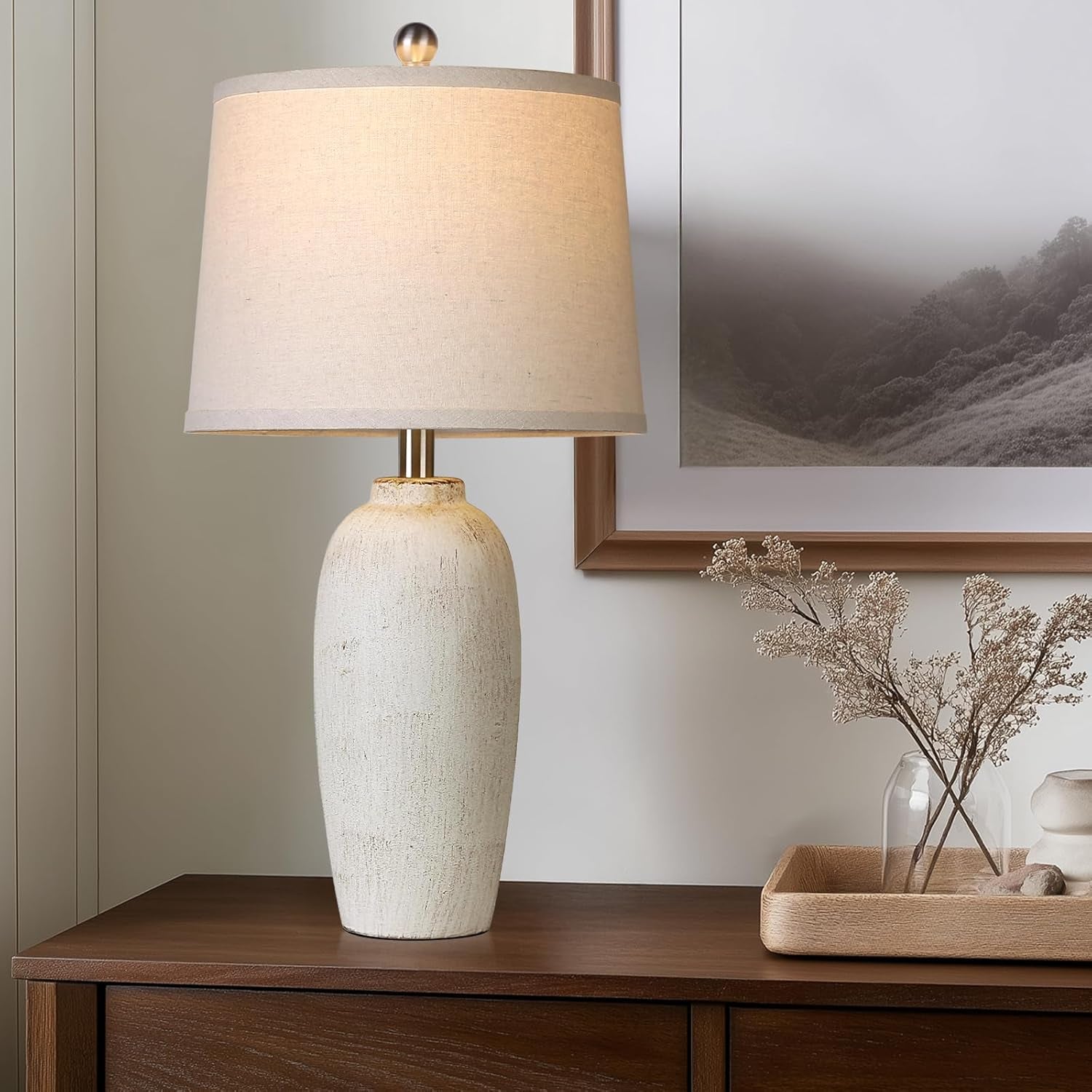 Jar Table Lamps Set of 2, 25" Ceramic Bedside Lamps for Bedroom, Beige Farmhouse Nightstand Lamps for Living Room