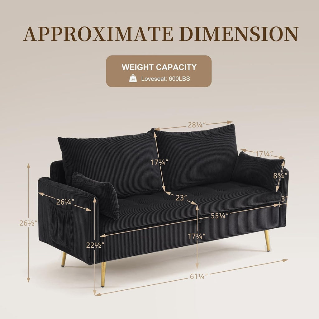 2 Seater Loveseat with Storage, 61" Corduroy Couch for Small Living Room, Bedroom, Tiny Homes & Lofts, Black
