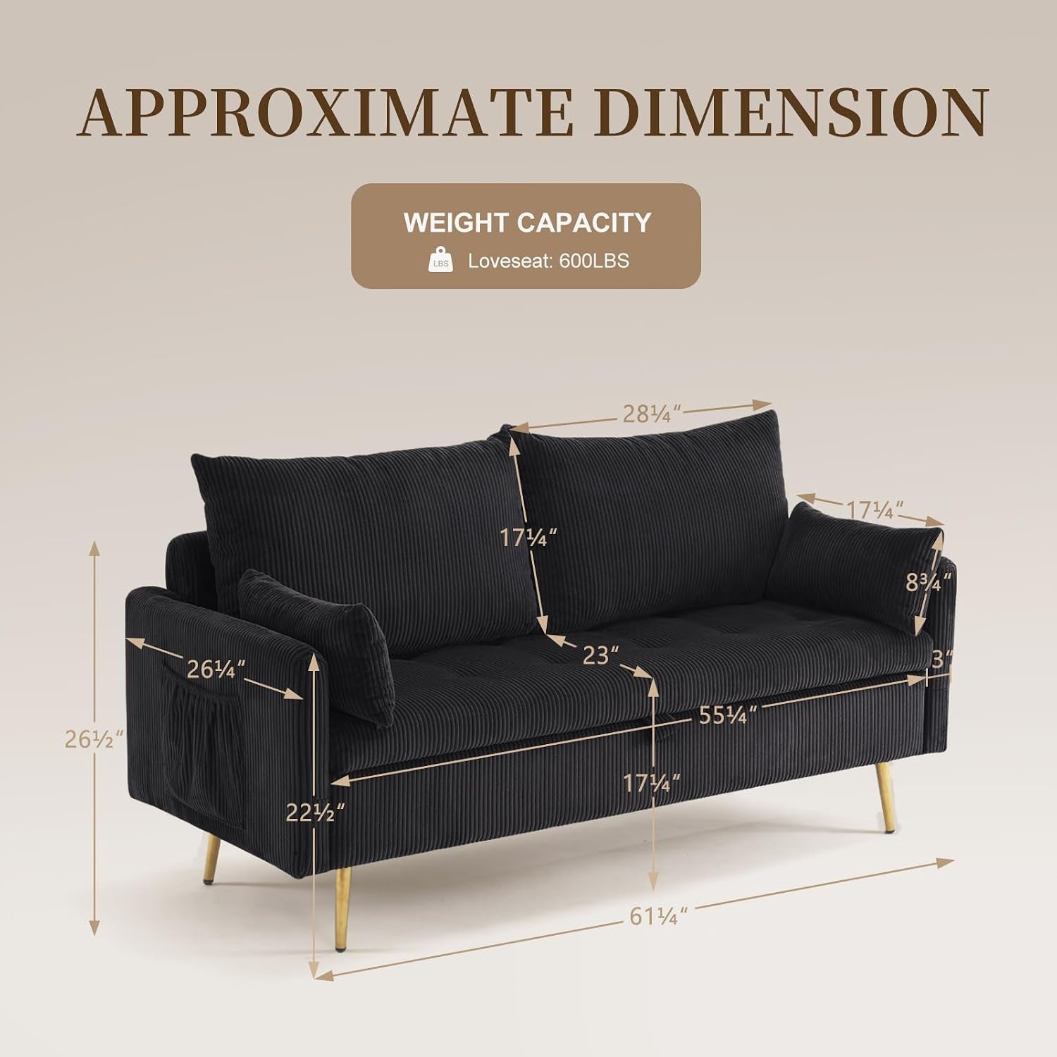 2 Seater Loveseat with Storage, 61" Corduroy Couch for Small Living Room, Bedroom, Tiny Homes & Lofts, Black