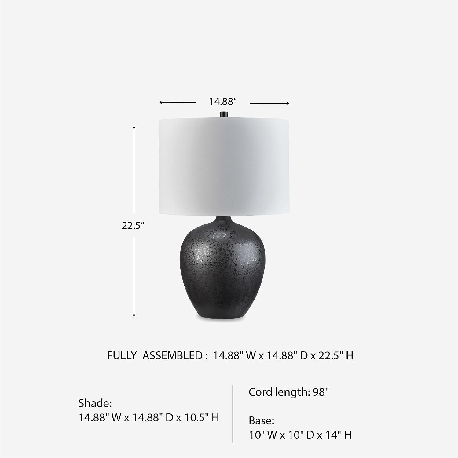 Signature Design by Ashley Ladstow Urban 22.5" Sleek Ceramic Table Lamp, Black | Touch-Activated 3-Way Base, White Drum Hardback Fabric Shade, Extra-Long 103-Inch Cord for Flexible Placement