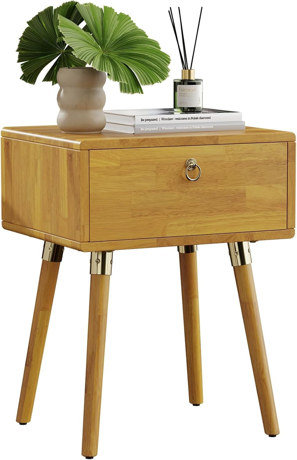 Golden natural wood nightstand with drawer