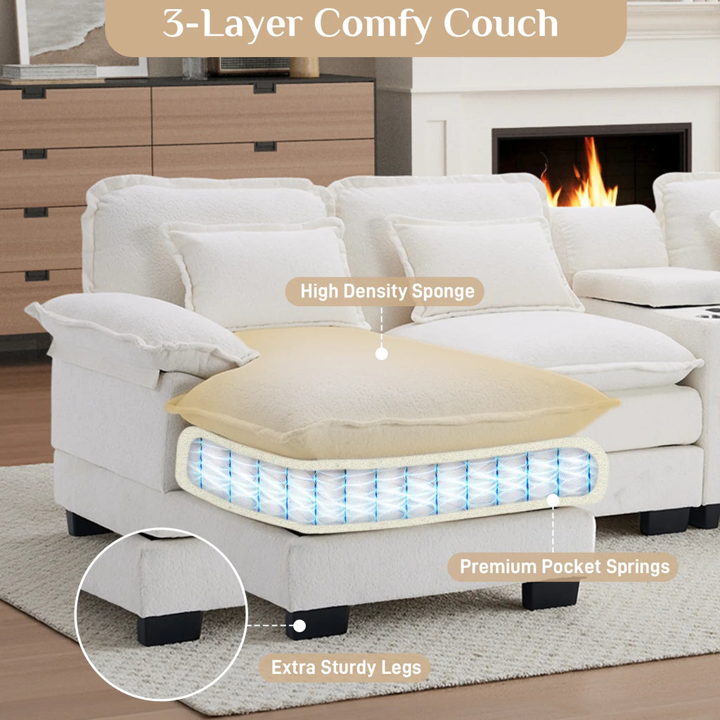 133" U Shaped Cloud Couch Modular Sectional Couches for Living Room Fluffy Chenille Deep Seat Sofa Set with Double Chaise Lounge, Storage Central Console, Cup Holders, USB Port, Beige White