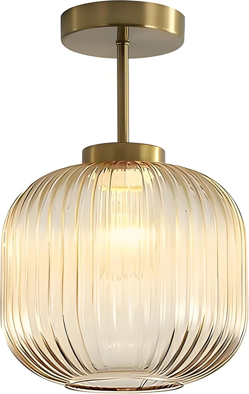 Vintage Brass & Glass Flush Mount Pendant Light, Minimalist Ceiling Lamp, E26 Chandelier for Bedroom, Hallway & Living Room Décor (Amber)
