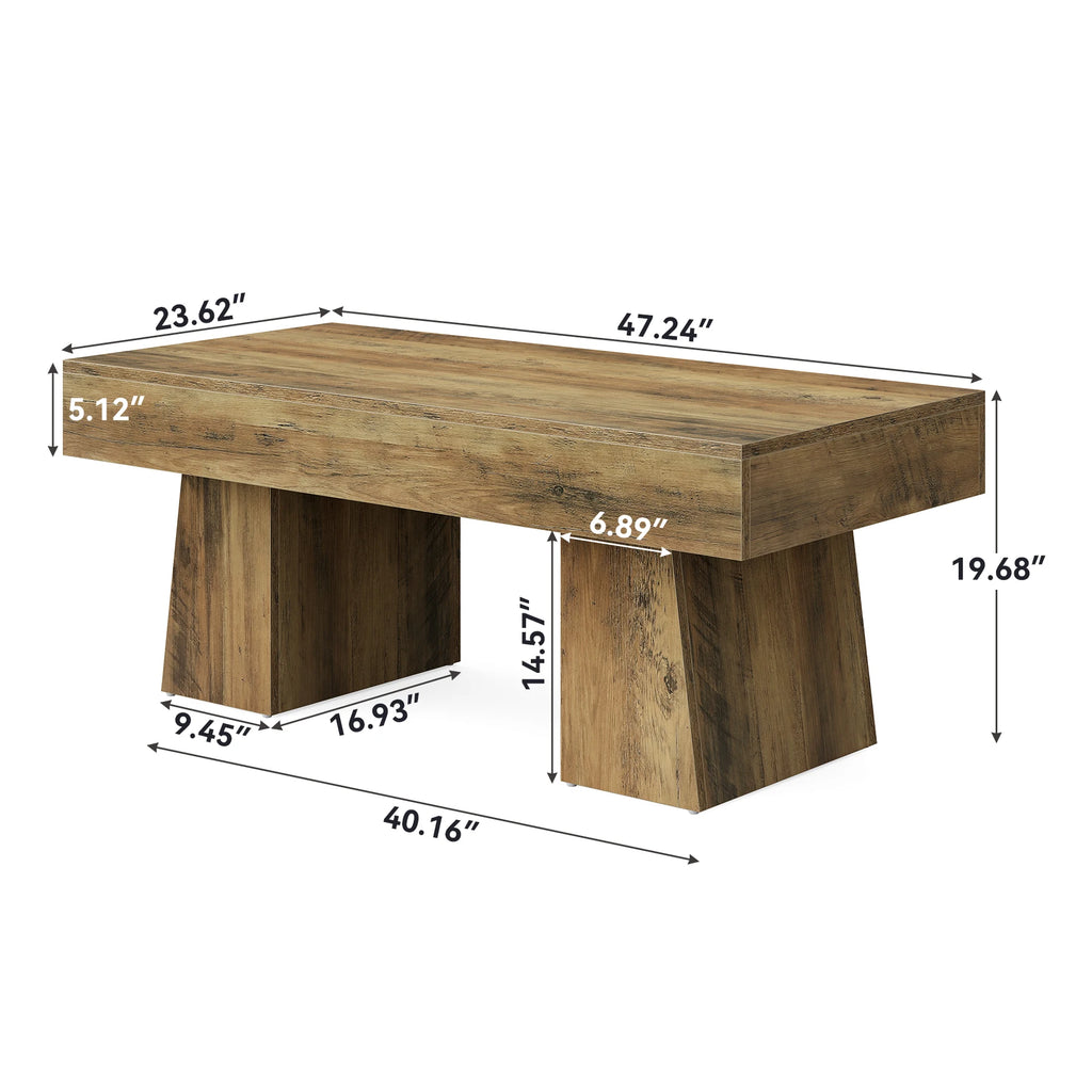 Vintage Coffee Table, 120Cm Wooden Accent Center Tables with Thick Base, Modern Low Cocktail Tea Furniture For
