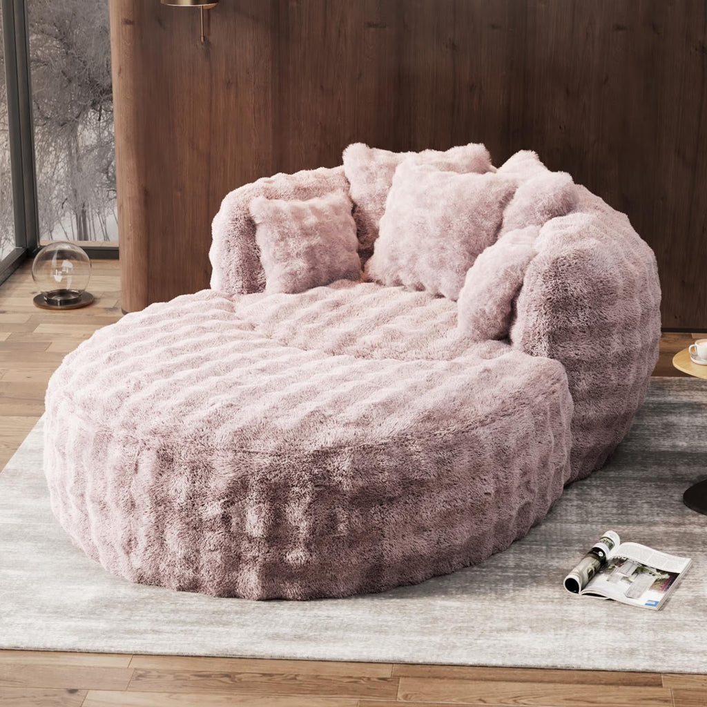 55" W Oversized Chaise Lounge Chair Indoor with Ottoman,Round Reading Sofa Couch with Thickened Backrest & 5 Pillows for Living Room,Pink