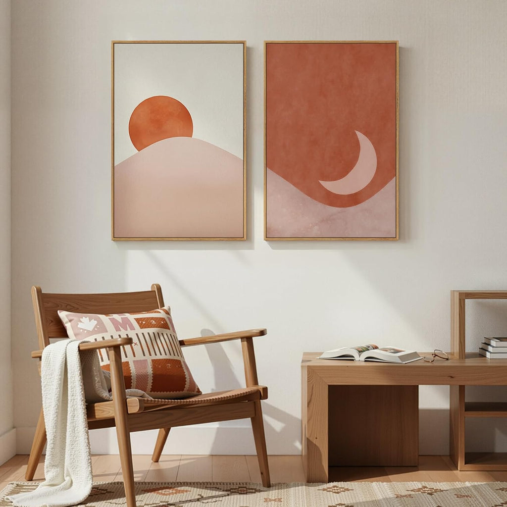 Framed Boho Terracotta Sun and Moon Canvas Wall Art Bedroom, 20X30 Inch | Sun and Moon, Set of 2, Canvas Print, Bohemian Pictures, Mid Century Modern, Terracotta Beige Artwork, Dining Room Wall Decor