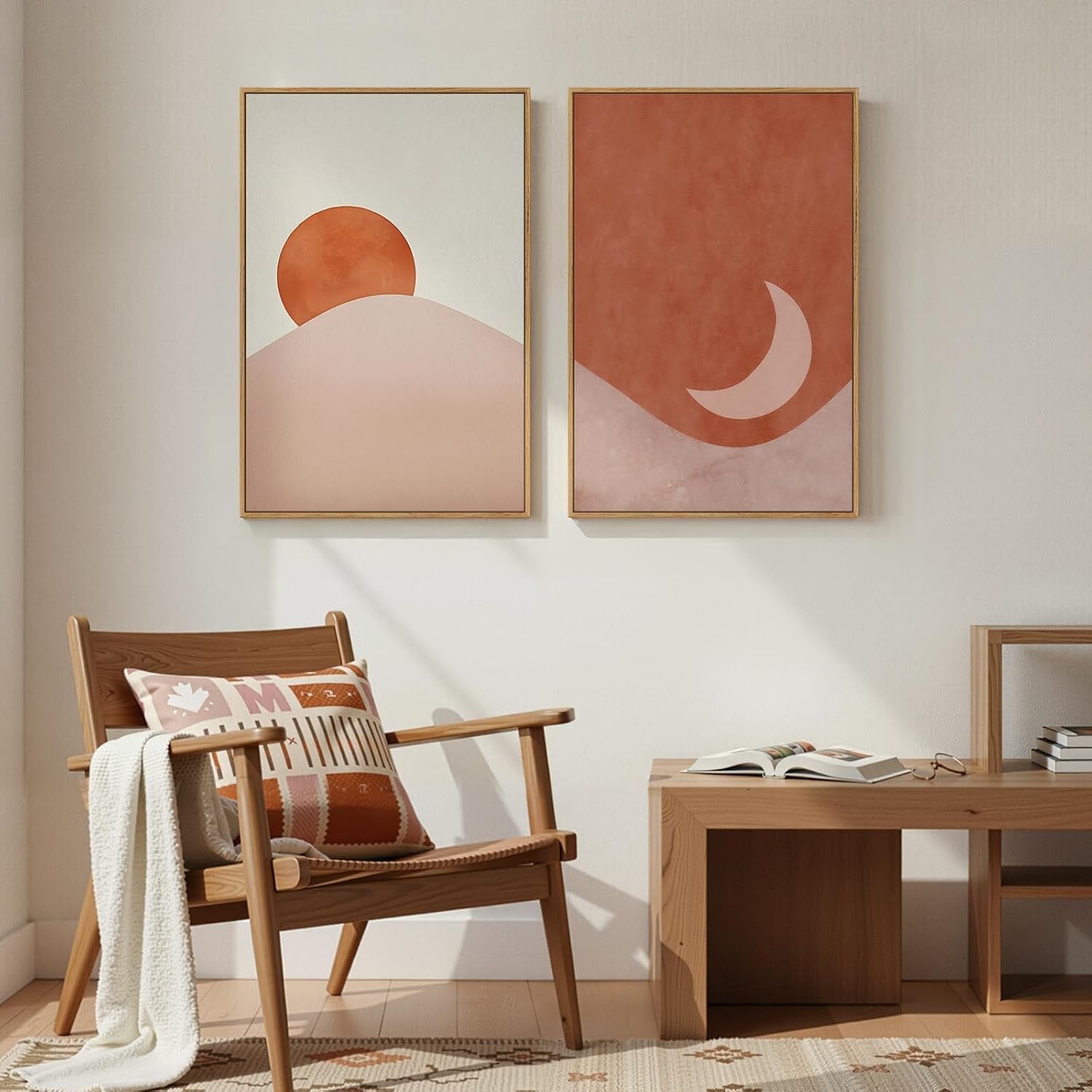 Framed Boho Terracotta Sun and Moon Canvas Wall Art Bedroom, 20X30 Inch | Sun and Moon, Set of 2, Canvas Print, Bohemian Pictures, Mid Century Modern, Terracotta Beige Artwork, Dining Room Wall Decor