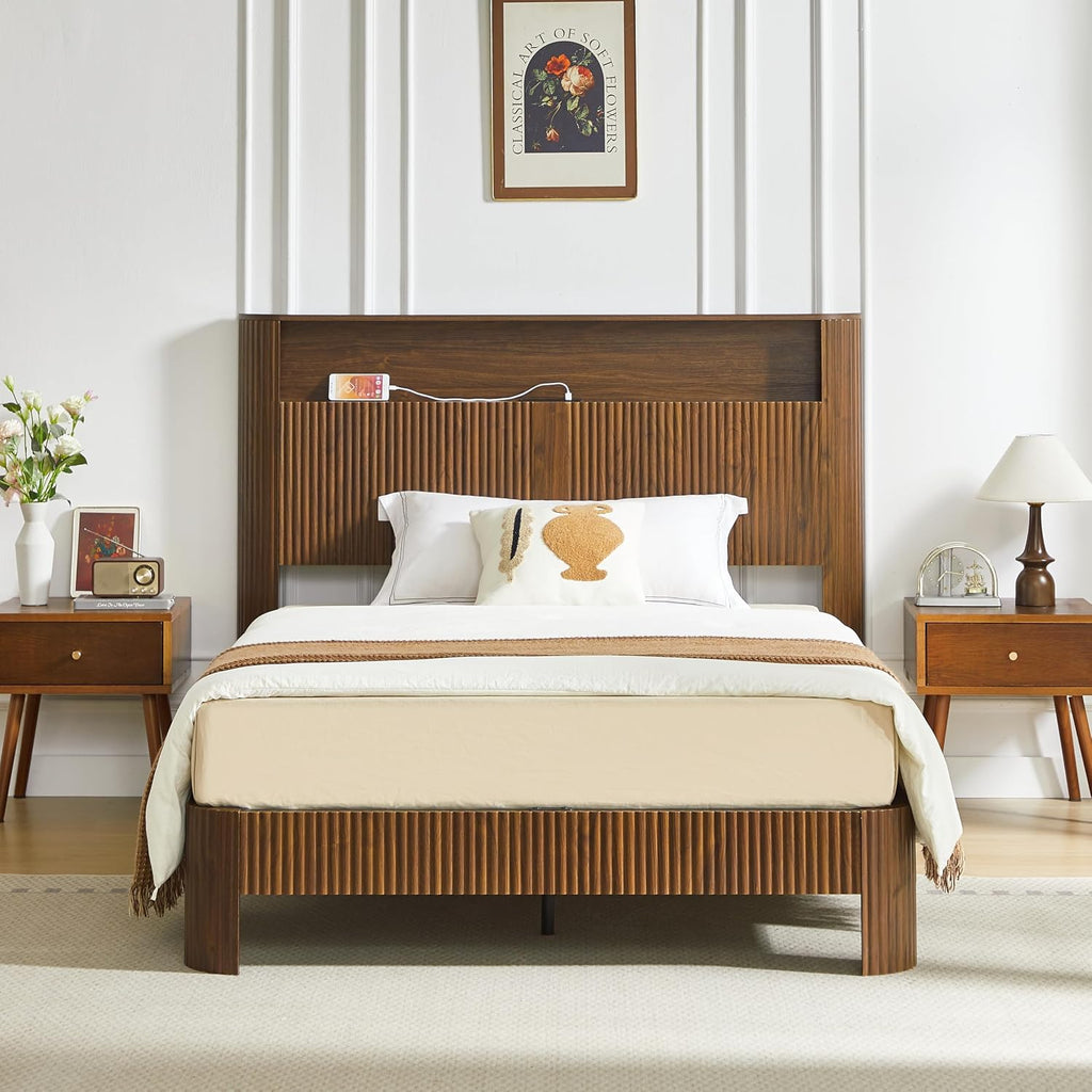 Full XL Bed Frame with Storage Headboard and Charging Station, Wavy Curved Design, Noise-Canceling, Metal Support, Walnut Finish, Full Extra Long Mattress Compatible, Walnut