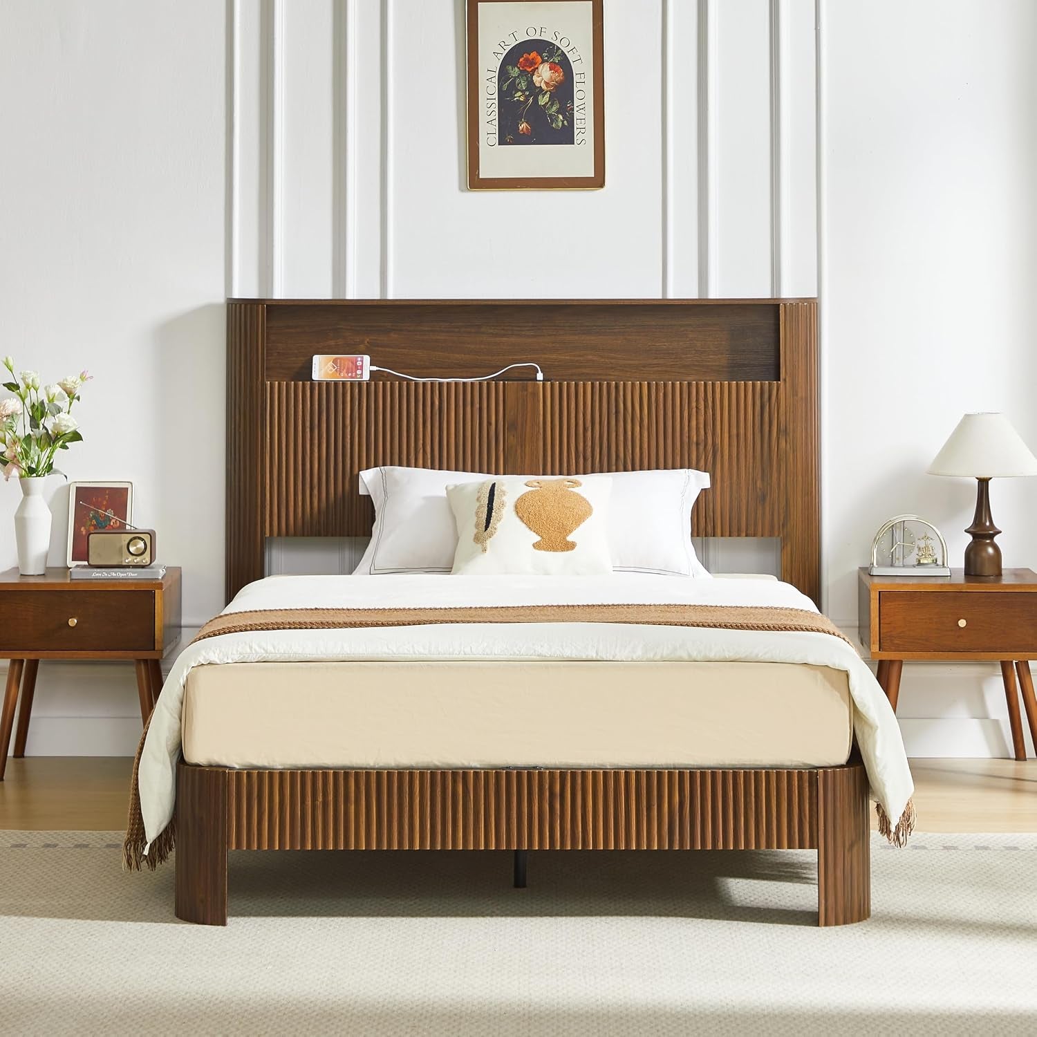 Full XL Bed Frame with Storage Headboard and Charging Station, Wavy Curved Design, Noise-Canceling, Metal Support, Walnut Finish, Full Extra Long Mattress Compatible, Walnut