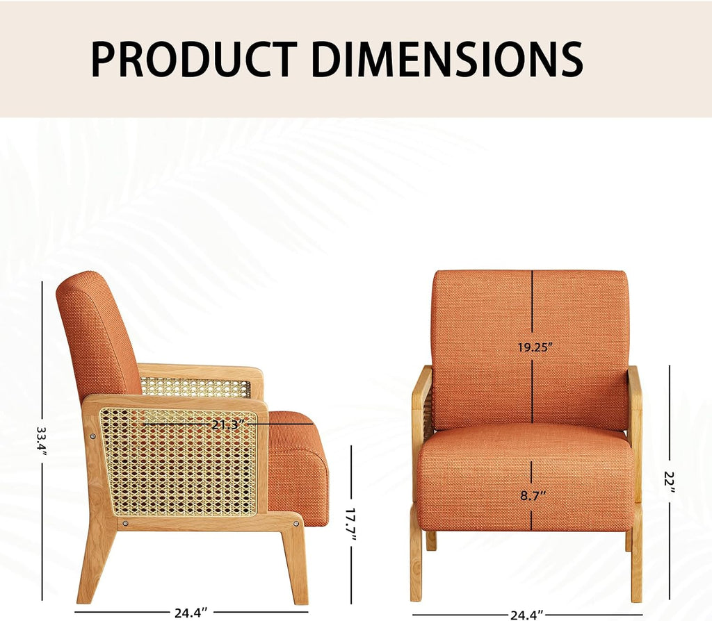 Modern Accent Chair with Rattan Armrest, Linen Fabric Arm Chair with Ash Wood Legs, Orange Accent Chair for Living Room, Bedroom, Balcony