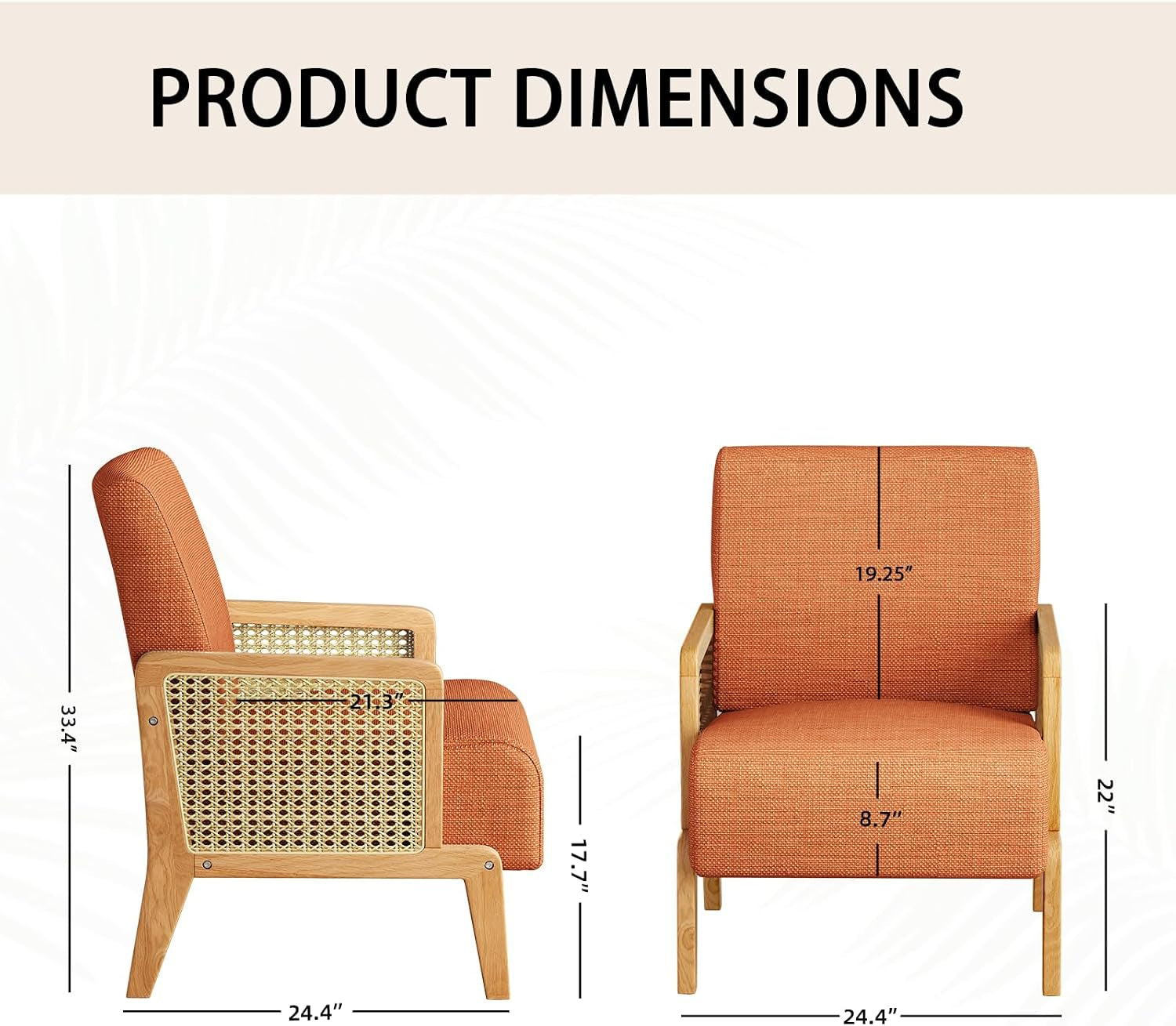 Modern Accent Chair with Rattan Armrest, Linen Fabric Arm Chair with Ash Wood Legs, Orange Accent Chair for Living Room, Bedroom, Balcony