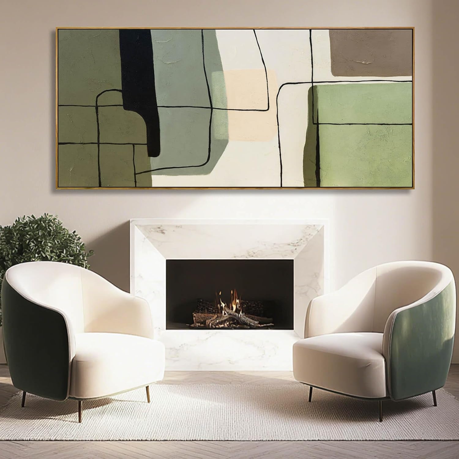Green and beige abstract framed canvas wall art