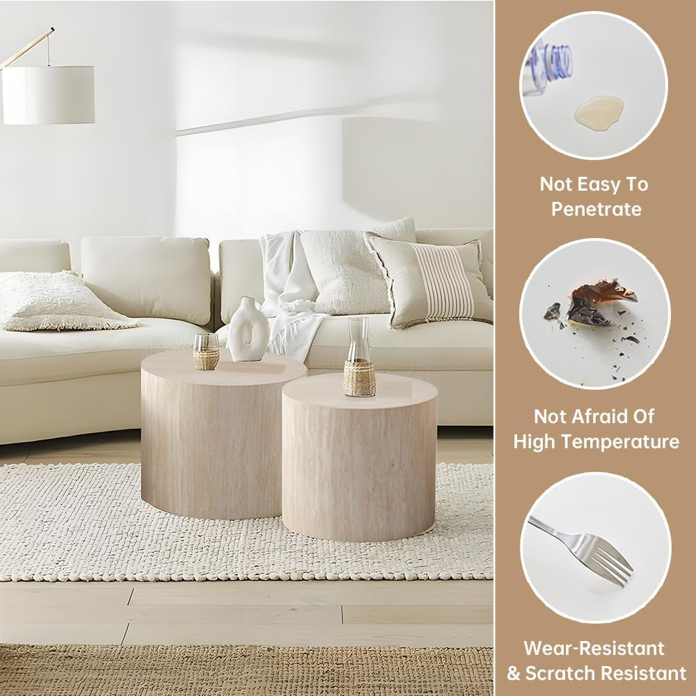 18" round Travertine Nesting Coffee Table Set of 2 (Travertine) | for Living Room, Travertine Side End Table, Nested Design, Mid Century Modern Circular Style, Non-Slip Pads, for Small Spaces