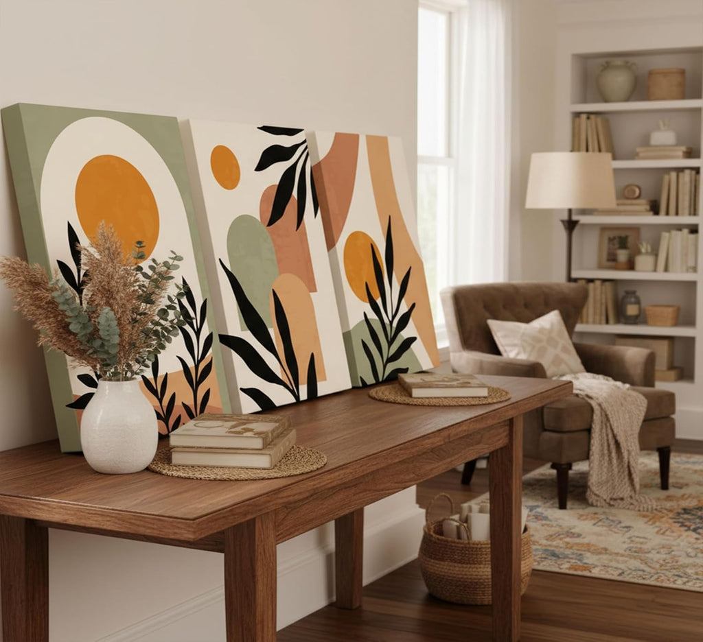 3 Pcs Mid Century Modern Boho Sun Canvas Wall Art | Neutral Abstract Minimalist Bohemian Mountains Plants Picture Wall Decor Poster Prints Artwork for Bedroom Living Room Home