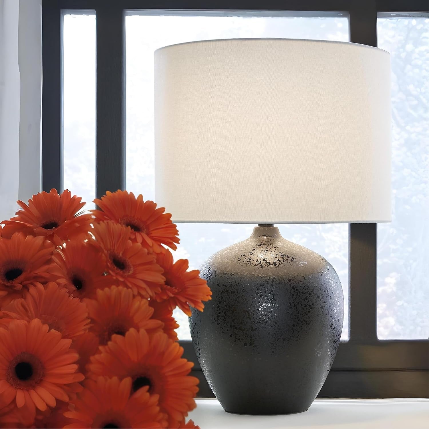 Signature Design by Ashley Ladstow Urban 22.5" Sleek Ceramic Table Lamp, Black | Touch-Activated 3-Way Base, White Drum Hardback Fabric Shade, Extra-Long 103-Inch Cord for Flexible Placement