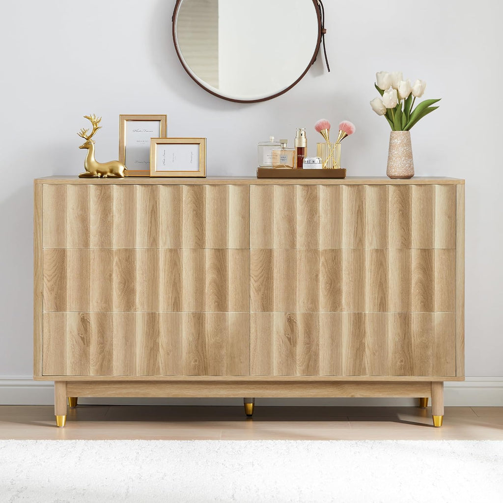 53" Wide Fluted 6 Drawer Dresser | Modern Storage Chest of Drawers, Wood Drawer Organizer for Bedroom, Living Room, Hallway