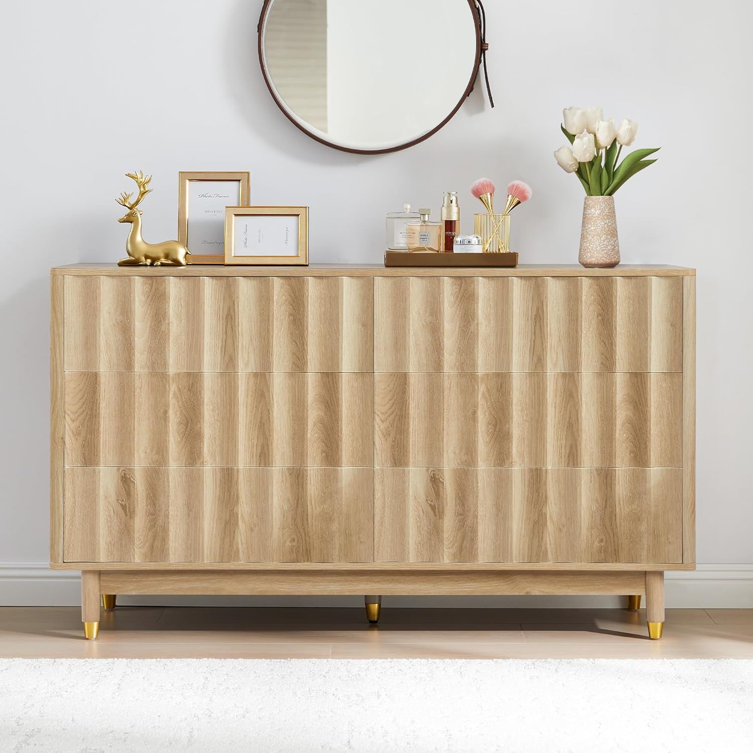 53" Wide Fluted 6 Drawer Dresser | Modern Storage Chest of Drawers, Wood Drawer Organizer for Bedroom, Living Room, Hallway
