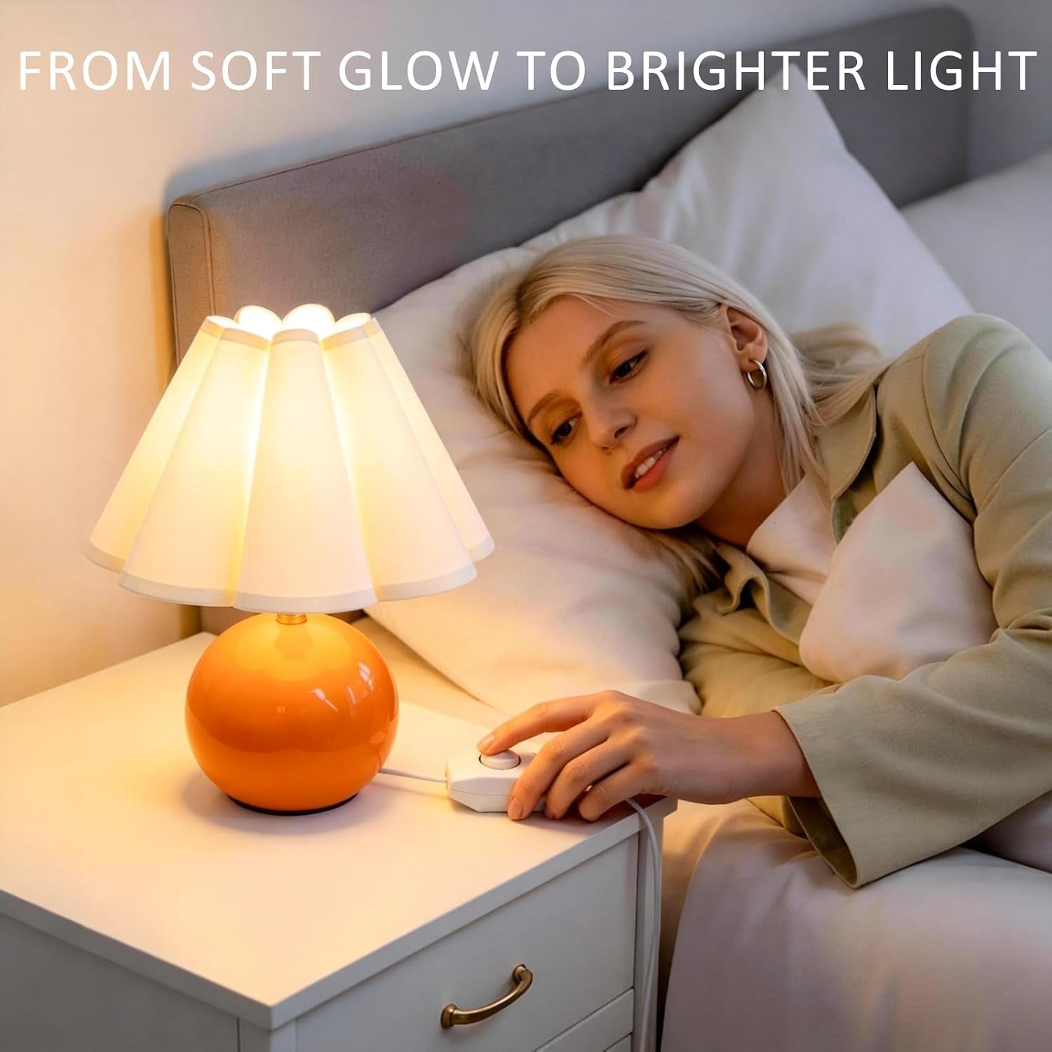 Small Bedside Table Lamp, 11.8'' Ceramic Stepless Dimmable Lamp (Orange) | with Scalloped Fabric Shade for Nightstand & Living Room. Perfect for Quiet Nights to Create a Cozy, Relaxing Atmosphere