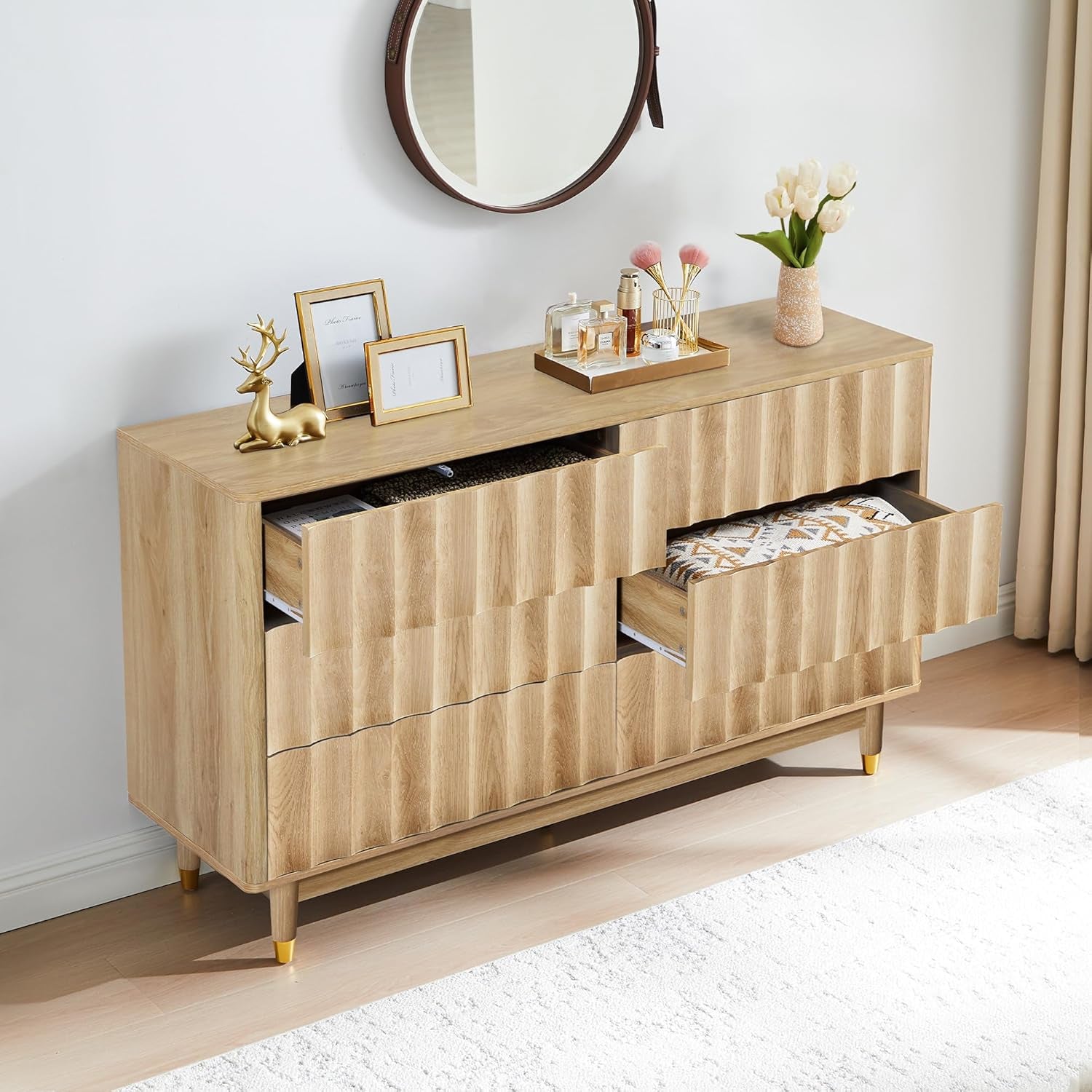 53" Wide Fluted 6 Drawer Dresser | Modern Storage Chest of Drawers, Wood Drawer Organizer for Bedroom, Living Room, Hallway