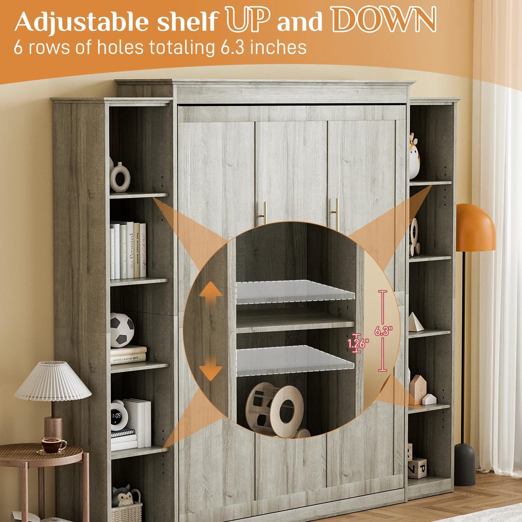 Queen Size Murphy Bed Cabinet in Grey with 5-Tier Storage Shelves, Foldable Platform Bed Wall Cabinet Bedframe for Small Space, Bedroom, Guest Room