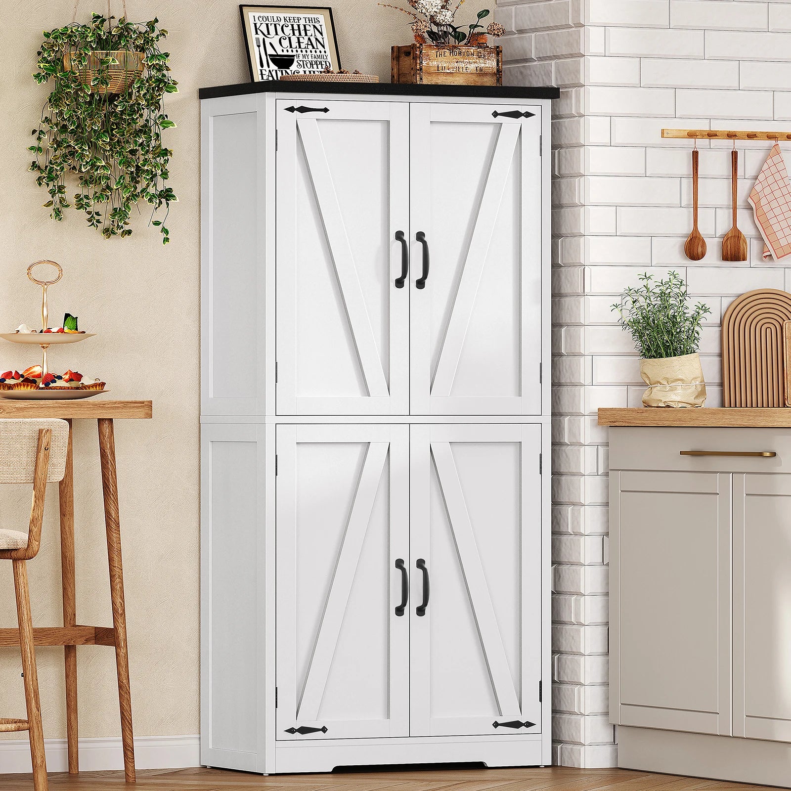 58" H Storage Cabinet with Adjustable Shelf, Farmhouse Kitchen Pantry Cabinet, Bathroom Cabinet with 4 Doors, Cupboard for Kitchen, Bathroom, Living Room, White