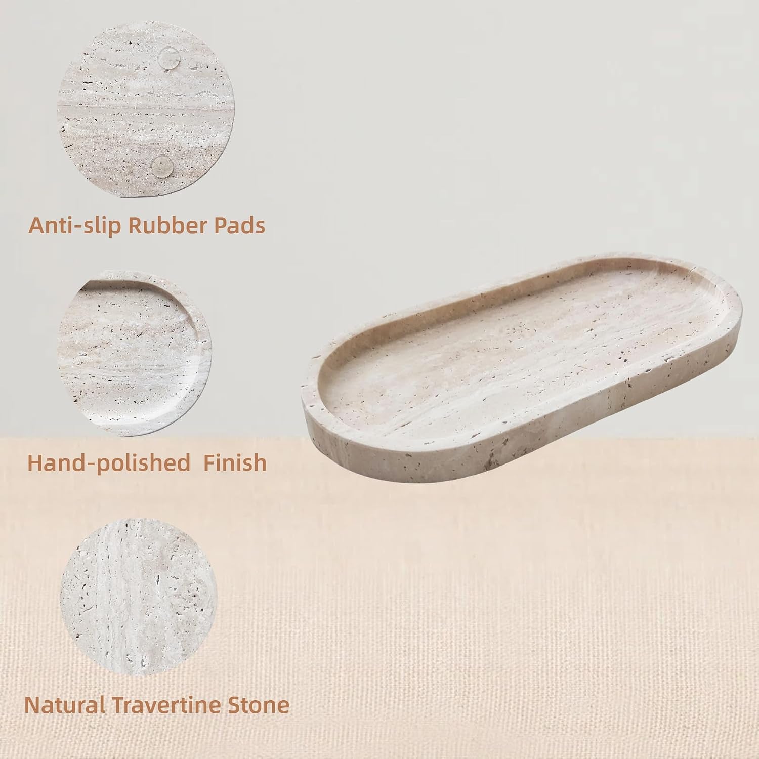 Oval Travertine Tray 4.8 in X 9.8 in for Bathroom Dresser Countertop Organizer, Natural Marble Vanity Tray for Perfume, Candles, Ring, Decorative Jewelry Dish