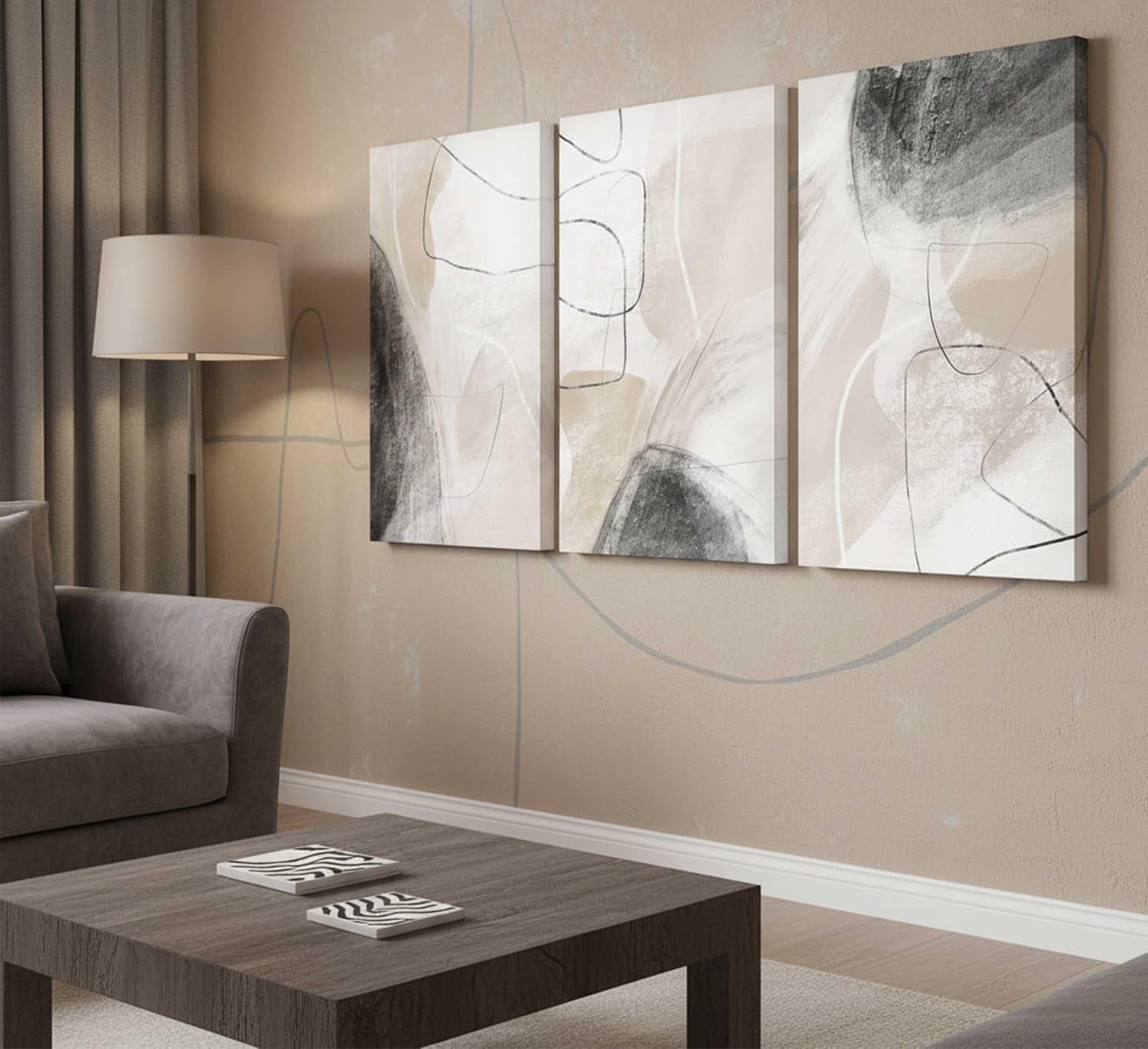 3Pcs Modern Abstract Canvas Wall Art | Neutral Minimalist Boho Beige and Black Grey Geometric Line Nordic Picture Wall Decor Poster Print Artwork for Living Room