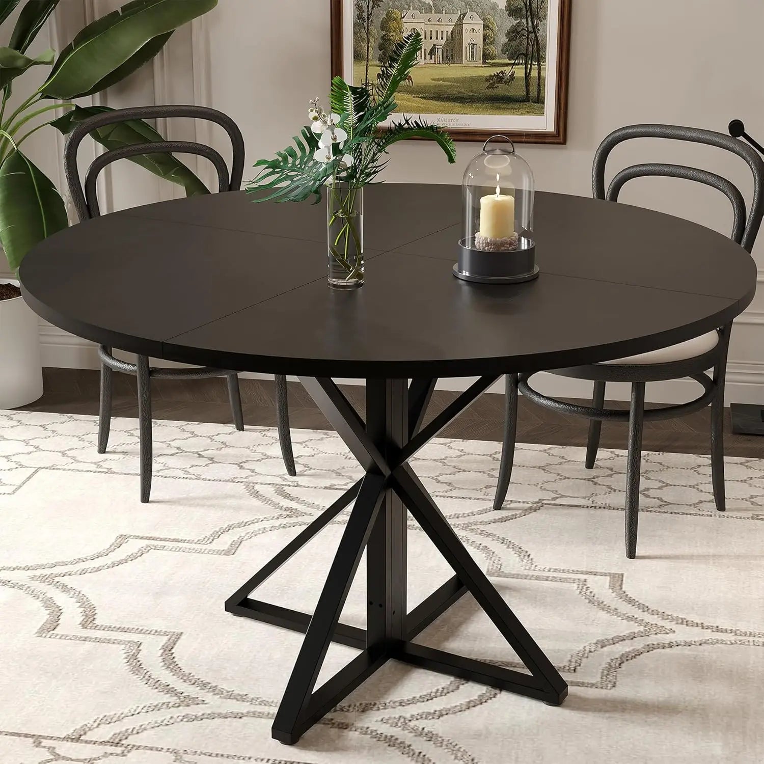 47" round Dining Table for 4, Wood Top & Heavy-Duty Metal Pedestal Dinner Table for Dining Room, Kitchen, Living Room Farmhouse