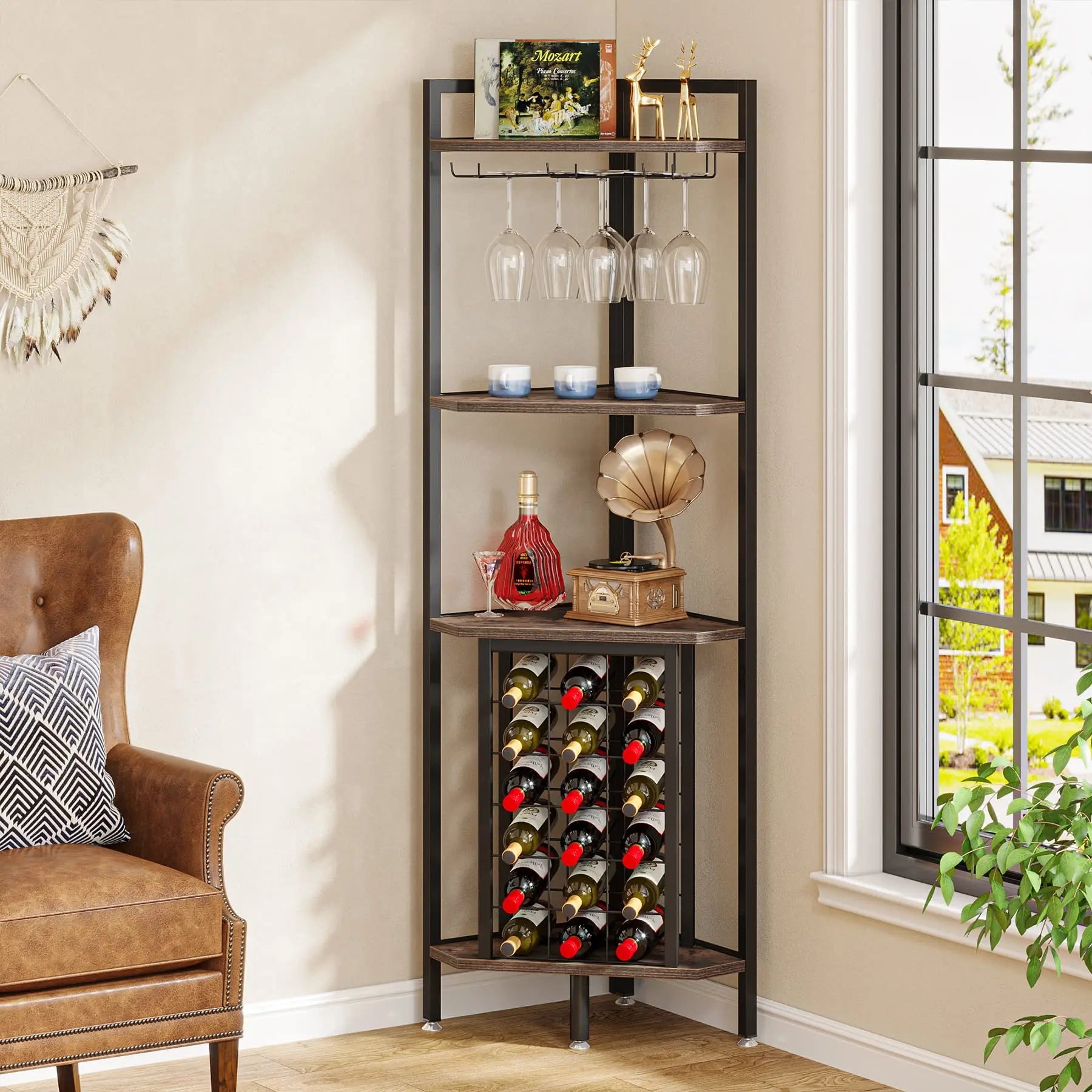 Wine Rack Bar Cabinet 4 Tier Corner Shelf with Glass Holder