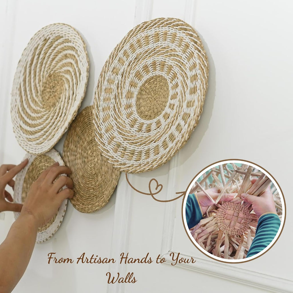 Wicker Wall Decor Set, Seagrass Woven Plates, Medium, Farmhouse | Natural Seagrass Plates That Are Flat and Light Enough for a Living Room or Bedroom Feature